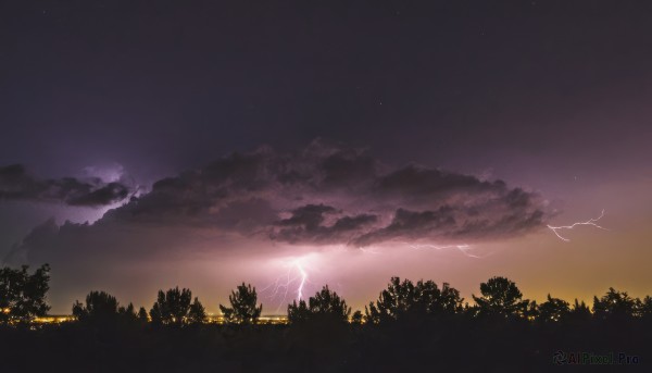 outdoors,sky,cloud,tree,no humans,night,cloudy sky,star (sky),nature,night sky,scenery,forest,starry sky,sunset,electricity,lightning,mountain,twilight,evening,landscape,gradient sky,purple sky