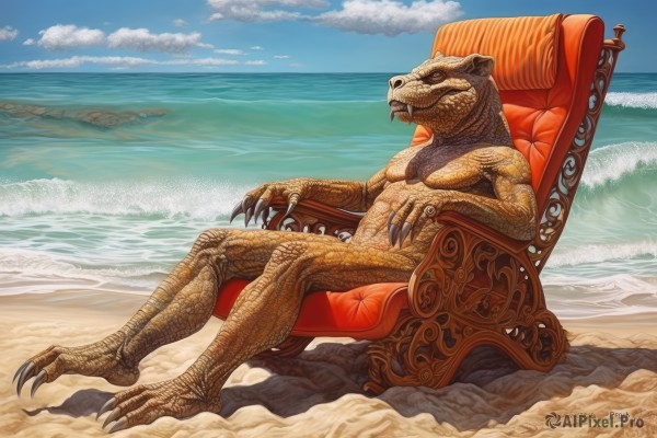 solo,sitting,full body,outdoors,sky,day,cloud,signature,water,blue sky,no humans,ocean,chair,beach,claws,monster,realistic,sand,scales,waves,armchair,dinosaur,kaijuu,tongue,artist name,pokemon (creature),fangs,watermark,parody,cloudy sky,throne,fine art parody