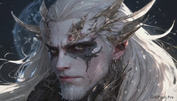 solo,long hair,looking at viewer,1boy,jewelry,closed mouth,green eyes,yellow eyes,white hair,male focus,earrings,horns,signature,lips,facial hair,scar,portrait,beard,dragon horns,serious,mustache,scales,space,planet,old man,wrinkled skin,moon,close-up,realistic,au ra