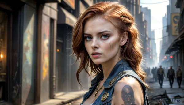 HQ,1girl,long hair,looking at viewer,blue eyes,blonde hair,brown hair,bare shoulders,jewelry,upper body,earrings,outdoors,parted lips,multiple boys,teeth,sleeveless,solo focus,artist name,signature,necklace,blurry,vest,lips,tattoo,depth of field,blurry background,scar,building,scar on face,city,realistic,nose,scar across eye,arm tattoo,shoulder tattoo,street,denim jacket,solo,breasts,green eyes,torn clothes,eyelashes