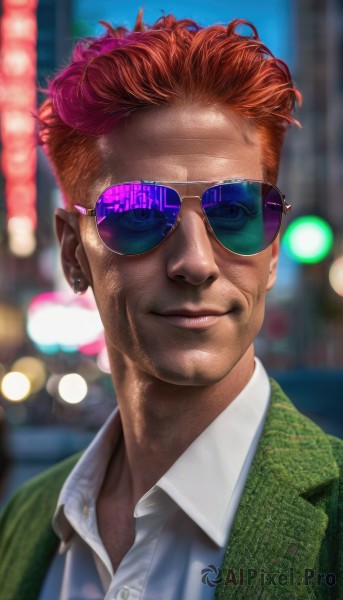 solo,looking at viewer,smile,blue eyes,brown hair,shirt,1boy,jewelry,closed mouth,jacket,white shirt,upper body,male focus,red hair,multicolored hair,earrings,outdoors,glasses,collared shirt,dark skin,blurry,lips,blurry background,piercing,formal,sunglasses,dark-skinned male,ear piercing,portrait,green jacket,realistic,nose,mohawk,short hair,orange hair,facial hair