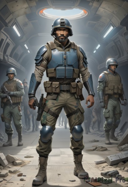 looking at viewer,brown hair,black hair,gloves,holding,standing,full body,weapon,male focus,boots,multiple boys,solo focus,belt,pants,indoors,holding weapon,armor,uniform,vest,gun,military,military uniform,facial hair,helmet,shoulder armor,holding gun,rifle,beard,handgun,walking,science fiction,6+boys,4boys,pouch,realistic,mustache,5boys,holster,knee pads,manly,shoulder pads,belt pouch,elbow pads,soldier,tactical clothes,combat boots,bulletproof vest,body armor,3boys,assault rifle,submachine gun,thigh holster,bullpup