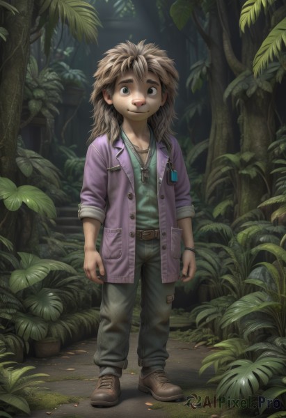 solo,long hair,looking at viewer,smile,open mouth,brown hair,shirt,1boy,brown eyes,jewelry,standing,jacket,full body,male focus,outdoors,open clothes,shoes,teeth,belt,pants,necklace,tree,torn clothes,leaf,brown footwear,thick eyebrows,plant,denim,child,nature,forest,jeans,purple shirt,female child,male child,whistle,torn pants,blue eyes,blonde hair,green eyes,boots,vest,bracelet,bandaid,dirty