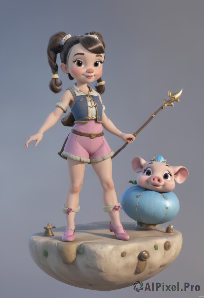 1girl,solo,looking at viewer,smile,simple background,brown hair,holding,twintails,brown eyes,standing,full body,weapon,shoes,shorts,sleeveless,belt,grey background,lips,staff,pink footwear,pink shorts,blush,hair ornament,navel,braid,socks,signature,vest,twin braids,child,pig,faux figurine