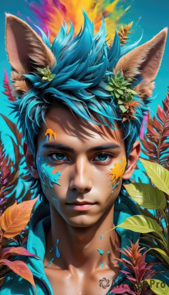 solo,looking at viewer,short hair,blue eyes,hair ornament,1boy,animal ears,closed mouth,blue hair,collarbone,upper body,flower,male focus,cat ears,lips,fox ears,eyelashes,leaf,blue background,facial mark,plant,portrait,extra ears,nose,facepaint,paint splatter,shirt,jacket,open clothes,sky,artist name,hair flower,hood,watermark,spiked hair,web address,realistic,leaf hair ornament,dirty,colorful,paint,paint splatter on face