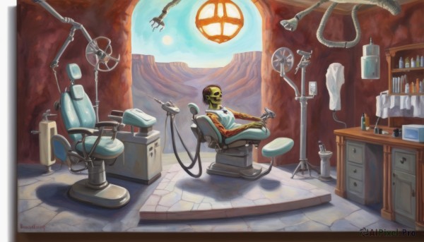 solo,1boy,sitting,male focus,artist name,indoors,signature,no humans,window,chair,bottle,curtains,scenery,skull,lamp,stool,skeleton,book,syringe,test tube,intravenous drip