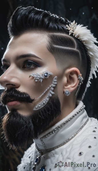 solo,short hair,black hair,hair ornament,1boy,jewelry,closed mouth,male focus,earrings,necklace,blurry,black eyes,lips,grey eyes,blurry background,facial hair,piercing,feathers,gem,ear piercing,portrait,beard,realistic,nose,mustache,feather hair ornament,blue eyes,dark skin,looking to the side,eyelashes,profile,looking away,dark-skinned male