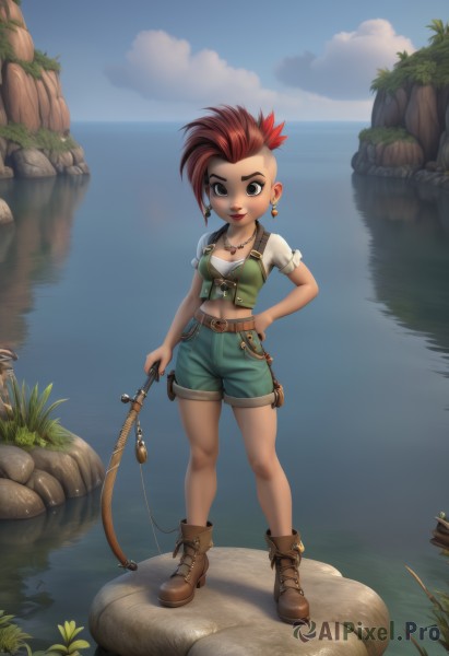 1girl,solo,breasts,looking at viewer,smile,short hair,brown hair,shirt,navel,holding,cleavage,brown eyes,jewelry,medium breasts,standing,full body,weapon,short sleeves,red hair,earrings,small breasts,boots,outdoors,sky,shorts,day,midriff,puffy sleeves,belt,artist name,cloud,signature,dark skin,water,necklace,holding weapon,black eyes,vest,dark-skinned female,blue sky,puffy short sleeves,lips,hand on hip,short shorts,makeup,chain,ocean,brown footwear,grass,lipstick,asymmetrical hair,bow (weapon),rock,red lips,ankle boots,green shorts,fishing rod,high heels,crop top,watermark,spiked hair,rope,web address,undercut,mohawk,cliff