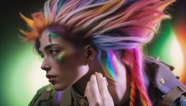 1girl,solo,long hair,open mouth,blue eyes,blonde hair,jewelry,blue hair,jacket,pink hair,purple hair,braid,red hair,multicolored hair,earrings,parted lips,teeth,artist name,hand up,dark skin,orange hair,blurry,from side,lips,blood,gradient hair,profile,blurry background,facial mark,piercing,feathers,ear piercing,clenched hand,portrait,side braid,freckles,realistic,nose,facepaint,dirty,paint splatter,grey eyes,eyelashes,floating hair,watermark,blood on face,looking afar,dirty face,rainbow hair,glowing hair