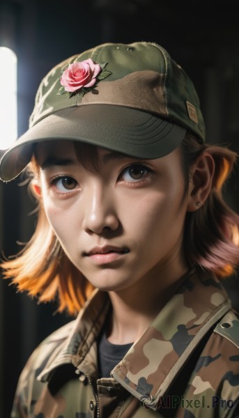 1girl,solo,looking at viewer,short hair,bangs,brown hair,shirt,hat,brown eyes,jewelry,closed mouth,jacket,upper body,flower,earrings,medium hair,blurry,uniform,lips,military,military uniform,rose,portrait,baseball cap,pink flower,zipper,freckles,realistic,nose,green headwear,stud earrings,camouflage,pink rose,camouflage jacket,camouflage headwear