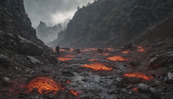 1boy, weapon, outdoors, sky, cloud, cape, cloudy sky, scenery, 1other, rock, mountain, ambiguous gender, molten rock