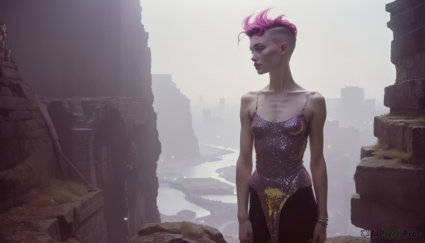 1girl,solo,breasts,short hair,dress,bare shoulders,jewelry,standing,collarbone,pink hair,purple hair,cowboy shot,small breasts,outdoors,dark skin,bracelet,dark-skinned female,lips,looking to the side,makeup,looking away,purple dress,nose,arms at sides,spaghetti strap,very short hair,undercut,ruins,closed eyes,artist name,nail polish,scar,scenery,realistic,bangle