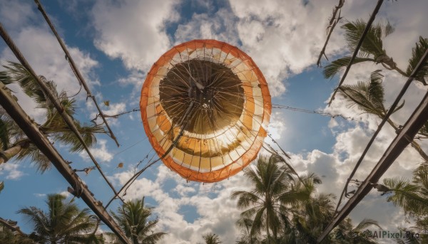 outdoors,sky,day,cloud,tree,blue sky,no humans,bird,umbrella,cloudy sky,scenery,palm tree,summer,ferris wheel,from below,plant,nature