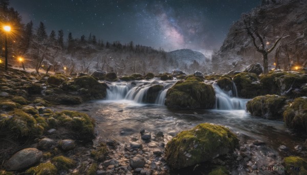 outdoors, sky, water, tree, no humans, night, star (sky), nature, night sky, scenery, forest, starry sky, rock, mountain, river, waterfall