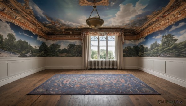 outdoors,sky,day,cloud,indoors,tree,blue sky,no humans,window,sunlight,cloudy sky,plant,scenery,wooden floor,architecture,floor,carpet,table,rug