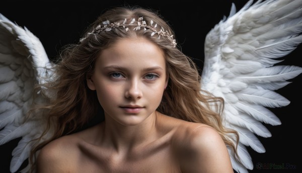 1girl,solo,long hair,looking at viewer,smile,blue eyes,blonde hair,simple background,brown hair,bare shoulders,collarbone,upper body,nude,wings,lips,grey eyes,wavy hair,tiara,black background,portrait,feathered wings,freckles,angel wings,realistic,white wings,angel,head wreath,jewelry,earrings