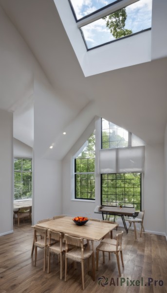 food,sky,day,cloud,indoors,tree,blue sky,no humans,window,fruit,chair,table,sunlight,plant,curtains,scenery,plate,bowl,wooden floor,reflective floor,desk