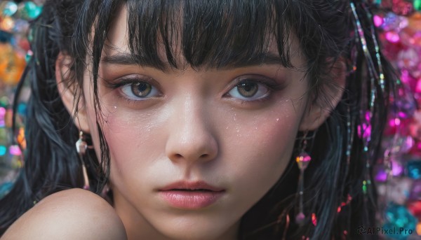 1girl,solo,long hair,looking at viewer,bangs,black hair,bare shoulders,brown eyes,jewelry,closed mouth,earrings,mole,blurry,lips,eyelashes,mole under eye,depth of field,blurry background,portrait,close-up,freckles,realistic,nose,eye focus,blunt bangs,expressionless,mole on cheek