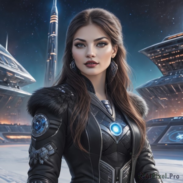 1girl,solo,long hair,breasts,looking at viewer,blue eyes,brown hair,brown eyes,jewelry,jacket,upper body,earrings,outdoors,parted lips,open clothes,sky,armor,lips,coat,fur trim,makeup,night,glowing,lipstick,building,star (sky),night sky,snow,starry sky,snowing,realistic,nose,red lips,leather,winter,teeth,signature,black jacket,grey eyes,bodysuit,forehead,science fiction,spacecraft