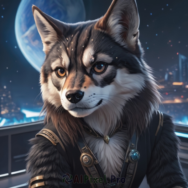 solo,looking at viewer,brown eyes,jewelry,upper body,sky,artist name,vest,black jacket,orange eyes,no humans,night,animal,moon,cat,star (sky),furry,city,animal focus,planet,whiskers,black fur,fluffy,closed mouth,signature,necklace,blurry,blurry background,night sky,dog,city lights,shiba inu