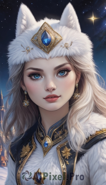 1girl,solo,long hair,looking at viewer,smile,blue eyes,blonde hair,hat,animal ears,jewelry,upper body,white hair,earrings,outdoors,parted lips,sky,artist name,star (symbol),lips,coat,fur trim,eyelashes,makeup,night,white headwear,lipstick,brooch,gem,portrait,star (sky),night sky,snow,eyeshadow,starry sky,freckles,nose,winter clothes,red lips,fur hat,ushanka,brown hair