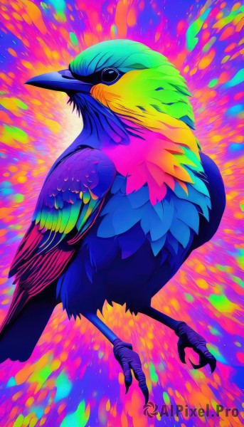 solo,closed mouth,full body,black eyes,from side,pokemon (creature),no humans,bird,animal,feathers,animal focus,multicolored background,colorful,talons,beak,parrot,watermark,pink background,flying,rainbow gradient