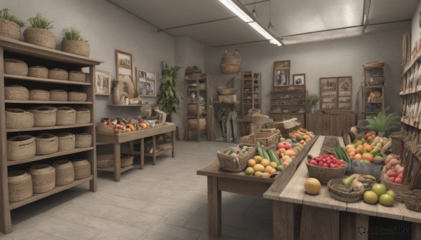 food,indoors,no humans,fruit,chair,table,bottle,plant,box,scenery,wooden floor,door,apple,basket,carrot,bread,shelf,orange (fruit),shop,banana,tomato,vegetable,ceiling,ceiling light,baguette,grocery bag,groceries,bag,cup,plate,bowl,potted plant,stool,grapes,jar,painting (object),lemon,picture (object),counter,barrel,refrigerator,corn,wooden chair,pineapple