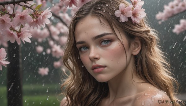 The serene presence of a female in a breathtaking rainy cherry blossoms