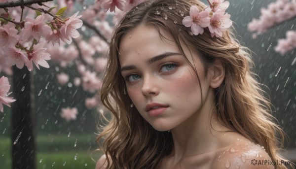 1girl, solo, long hair, looking at viewer, blue eyes, brown hair, hair ornament, bare shoulders, flower, parted lips, hair flower, blurry, lips, wet, thick eyebrows, cherry blossoms, portrait, pink flower, freckles, rain, realistic, nose