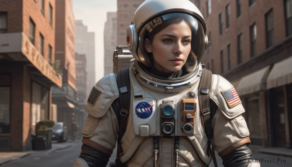 1girl,solo,looking at viewer,short hair,brown hair,brown eyes,upper body,outdoors,day,armor,blurry,lips,window,depth of field,blurry background,helmet,ground vehicle,building,motor vehicle,science fiction,city,realistic,nose,road,street,american flag,spacesuit,astronaut,solo focus,looking to the side,looking away,backpack,scenery,sign,road sign,space helmet