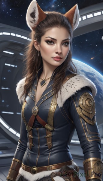 1girl,solo,long hair,breasts,looking at viewer,brown hair,animal ears,cleavage,brown eyes,jewelry,upper body,earrings,belt,necklace,lips,fur trim,fox ears,makeup,star (sky),extra ears,pendant,realistic,nose,red lips,space,planet,earth (planet),medium breasts,jacket,forehead,freckles,science fiction