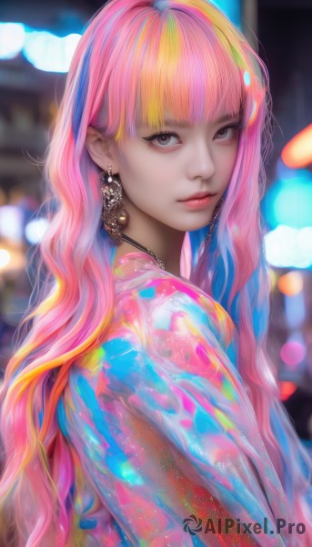 1girl,solo,long hair,looking at viewer,bangs,blonde hair,jewelry,closed mouth,upper body,pink hair,multicolored hair,earrings,blunt bangs,necklace,blurry,black eyes,from side,lips,grey eyes,eyelashes,makeup,depth of field,blurry background,realistic,nose,bokeh,wavy hair,mascara