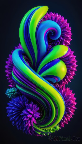 simple background,flower,artist name,no humans,leaf,plant,black background,pink flower,blue flower,purple flower,colorful,still life,solo,full body,signature,pokemon (creature),watermark,web address,alternate color