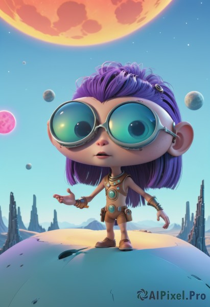 1girl,solo,long hair,looking at viewer,jewelry,standing,full body,purple hair,outdoors,parted lips,sky,dark skin,chibi,flat chest,bracelet,dark-skinned female,lips,moon,goggles,child,star (sky),freckles,science fiction,space,planet,alien,spacecraft,desert,open mouth,blue eyes,boots,shoes,glasses,teeth,belt,artist name,signature,necklace,brown footwear,sunglasses,full moon,starry sky,realistic,earth (planet)