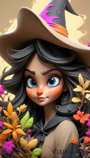 1girl,solo,long hair,looking at viewer,blush,smile,bangs,blue eyes,shirt,black hair,hat,ribbon,closed mouth,upper body,flower,artist name,lips,eyelashes,black headwear,makeup,witch hat,leaf,watermark,thick eyebrows,plant,web address,freckles,yellow flower,nose,purple flower,witch,orange flower,aqua eyes