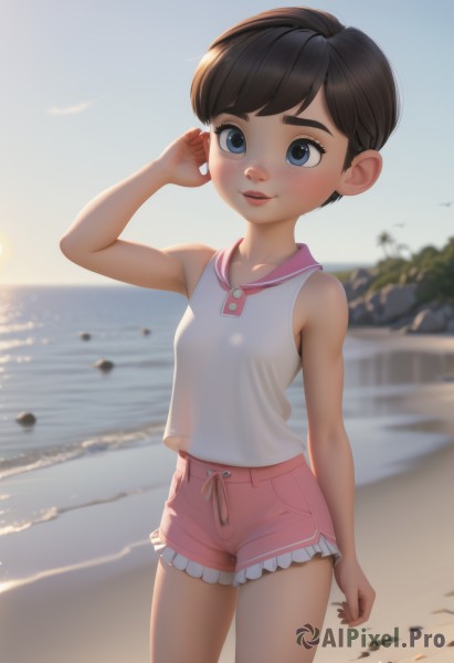 1girl,solo,breasts,blush,smile,short hair,open mouth,bangs,blue eyes,brown hair,shirt,black hair,bare shoulders,standing,white shirt,cowboy shot,small breasts,outdoors,parted lips,sky,shorts,sleeveless,day,sailor collar,water,blurry,arm up,blue sky,lips,short shorts,sleeveless shirt,blurry background,ocean,beach,thick eyebrows,freckles,sunset,rock,sand,pink shorts,shore,looking at viewer