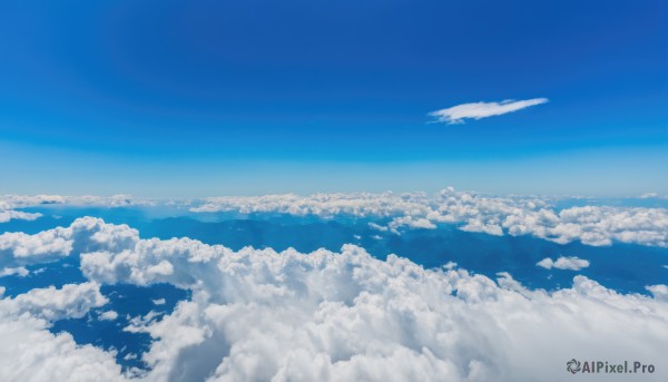 monochrome,outdoors,sky,day,cloud,blue sky,no humans,ocean,cloudy sky,scenery,flying,blue theme,aircraft,horizon,landscape,above clouds