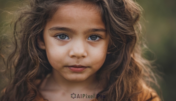 1girl,solo,long hair,looking at viewer,blue eyes,brown hair,closed mouth,blurry,lips,grey eyes,eyelashes,depth of field,blurry background,wavy hair,expressionless,messy hair,portrait,close-up,forehead,freckles,curly hair,realistic,nose