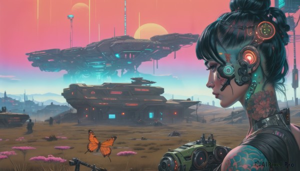 1girl,short hair,black hair,hair ornament,holding,jewelry,weapon,earrings,outdoors,sky,solo focus,hair bun,from behind,lips,gun,tattoo,profile,makeup,glowing,animal,single hair bun,bug,robot,butterfly,scenery,mecha,rifle,headset,science fiction,nose,camera,cyborg,spacecraft,cyberpunk,desert,solo,flower,choker,cloud,from side,grass,ground vehicle,building,motor vehicle,eyeshadow,sunset,city,realistic,aircraft,sun,car,road,facial tattoo,planet,landscape,neck tattoo,helicopter,tire