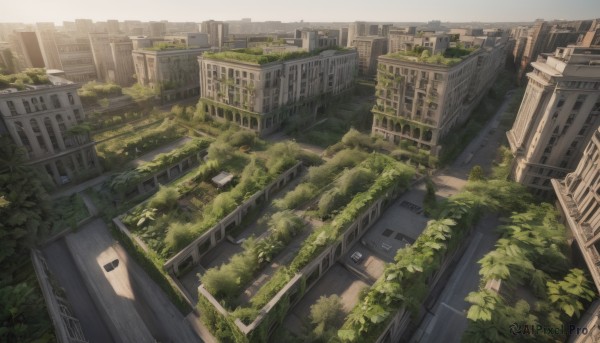 outdoors,sky,day,tree,no humans,window,sunlight,plant,building,scenery,stairs,city,cityscape,ruins,bridge,moss,overgrown,signature,skyscraper