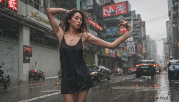 1girl,solo,long hair,breasts,brown hair,black hair,dress,holding,bare shoulders,brown eyes,jewelry,standing,cowboy shot,outdoors,parted lips,sleeveless,armpits,blurry,black dress,arm up,bracelet,lips,wet,sleeveless dress,short dress,ground vehicle,building,wet clothes,motor vehicle,rain,hand in own hair,city,sign,realistic,car,road,wet hair,motorcycle,street,short hair,smoke,watch,cigarette,wristwatch