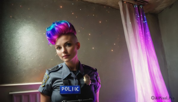 1girl,solo,breasts,looking at viewer,short hair,shirt,brown eyes,medium breasts,closed mouth,blue hair,upper body,pink hair,short sleeves,multicolored hair,necktie,collared shirt,indoors,uniform,two-tone hair,lips,makeup,lipstick,curtains,eyeshadow,asymmetrical hair,nose,undercut,badge,police,police uniform,policewoman,smile,blue eyes,purple hair,earrings,parted lips,alternate costume,artist name,mole,watermark,scar,blue shirt,web address,light particles,freckles,breast pocket,very short hair