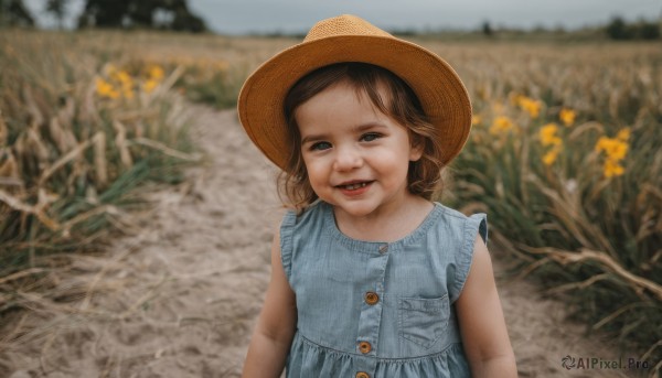 1girl,solo,looking at viewer,smile,open mouth,blue eyes,brown hair,hat,dress,upper body,flower,outdoors,parted lips,teeth,sleeveless,day,blurry,black eyes,buttons,sleeveless dress,blurry background,blue dress,child,sun hat,realistic,straw hat,female child,field,flower field,photo background,brown eyes,depth of field