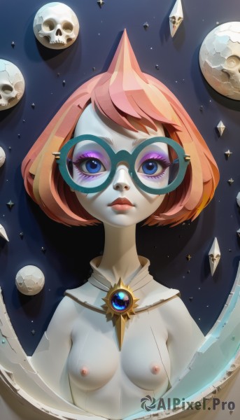 1girl,solo,breasts,looking at viewer,short hair,blue eyes,jewelry,nipples,upper body,pink hair,nude,multicolored hair,small breasts,glasses,orange hair,lips,makeup,detached collar,colored skin,lipstick,gem,eyeshadow,skull,round eyewear,diamond (gemstone),eyelashes,no humans,mask,moon,nose,planet