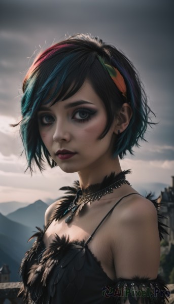 1girl,solo,breasts,looking at viewer,short hair,bangs,blue eyes,black hair,dress,bare shoulders,jewelry,closed mouth,blue hair,collarbone,upper body,multicolored hair,hairband,earrings,small breasts,outdoors,detached sleeves,sky,choker,cloud,necklace,blurry,black dress,lips,eyelashes,makeup,blurry background,cloudy sky,feathers,lipstick,pendant,eyeshadow,freckles,mountain,realistic,nose,spaghetti strap,feather trim,hair ornament,sleeveless,artist name,sleeveless dress,watermark,sunlight,facepaint,mascara