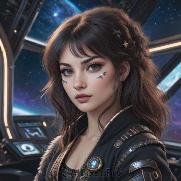 1girl,solo,long hair,breasts,looking at viewer,bangs,brown hair,hair ornament,cleavage,brown eyes,jewelry,medium breasts,closed mouth,green eyes,collarbone,jacket,upper body,open clothes,artist name,signature,star (symbol),lips,black jacket,eyelashes,makeup,star (sky),freckles,science fiction,realistic,nose,eyeliner,space,leather,planet,leather jacket,earth (planet),mascara,parted lips,open jacket,tattoo,watermark,facial mark,facial tattoo