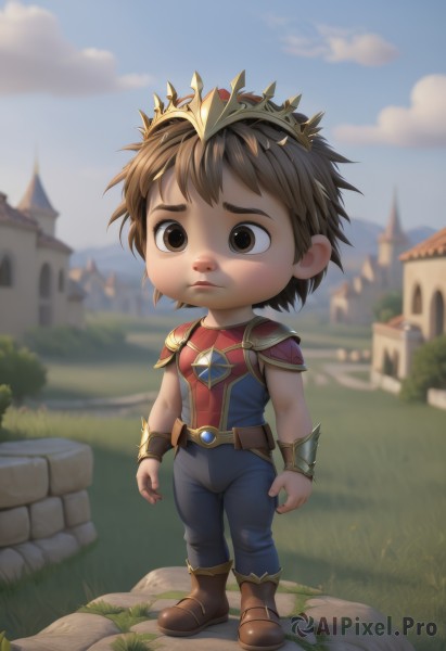 solo,short hair,brown hair,1boy,brown eyes,closed mouth,standing,full body,male focus,boots,outdoors,sky,day,belt,pants,cloud,armor,blurry,blue sky,blurry background,brown footwear,grass,crown,shoulder armor,building,child,pauldrons,male child,castle,1girl,shirt,sleeveless,chibi,red shirt,rock