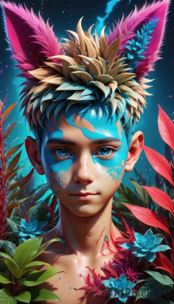 solo,looking at viewer,smile,short hair,blue eyes,blonde hair,1boy,animal ears,closed mouth,collarbone,upper body,flower,male focus,lips,leaf,blue background,facial mark,plant,portrait,star (sky),blue flower,nose,facepaint,bodypaint,brown hair,blue hair,artist name,watermark,feathers,web address,realistic,feather hair ornament,paint splatter,blue feathers