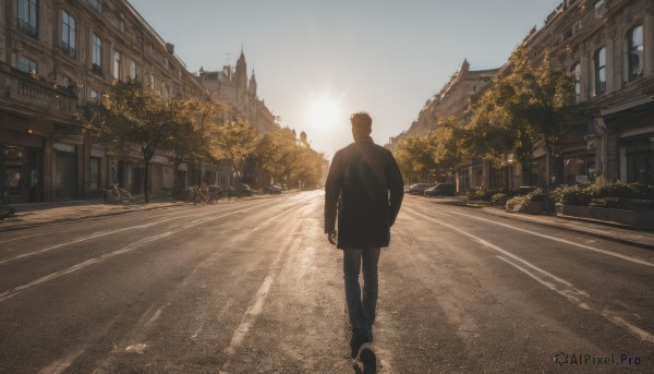 solo, 1boy, jacket, male focus, outdoors, sky, pants, from behind, tree, dutch angle, building, scenery, walking, sunset, city, road, street, vanishing point