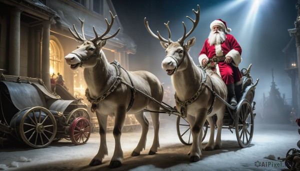 HQ,solo,gloves,1boy,hat,white hair,male focus,boots,outdoors,sky,night,facial hair,chain,animal,ground vehicle,night sky,christmas,motor vehicle,beard,snow,santa hat,santa costume,mustache,riding,sack,antlers,horse,old man,reindeer,reins,weapon,belt,sword,collar,building,star (sky),dog,snowing,leash,light